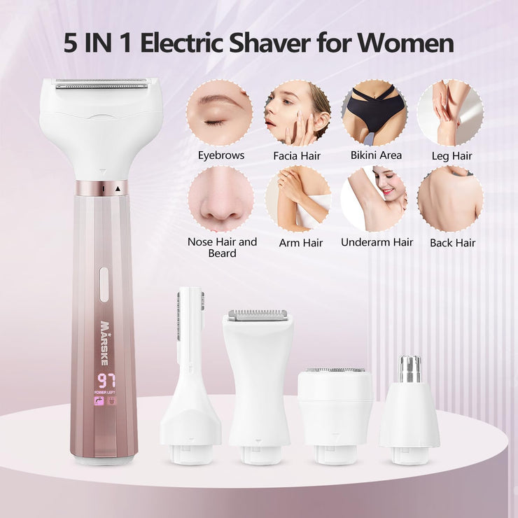 Electric Razors for Women, 5 in 1 Electric Shaver Razor Women Painless Facial Hair Remover, Rechargeable Bikini Trimmer for Women Wet/Dry Face Razors for Face Nose Eyebrow Arm Armpit Legs Pubic